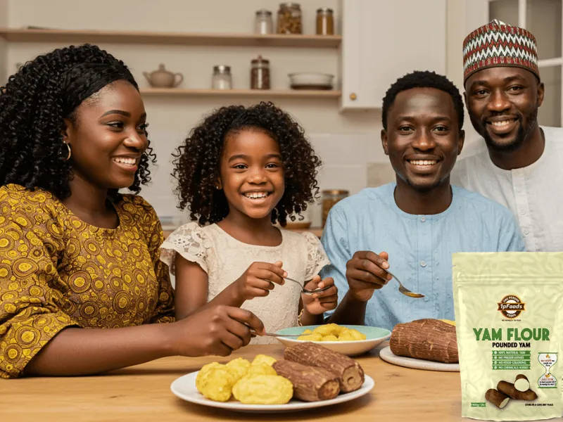 A family sharing pounded yam at the table